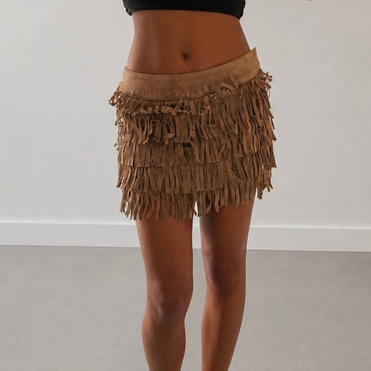 Suede Fringe Mini Skirt Tan Size 38