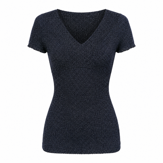 Navy Glitter Knit V-Neck Top Short Sleeve Metallic Size M