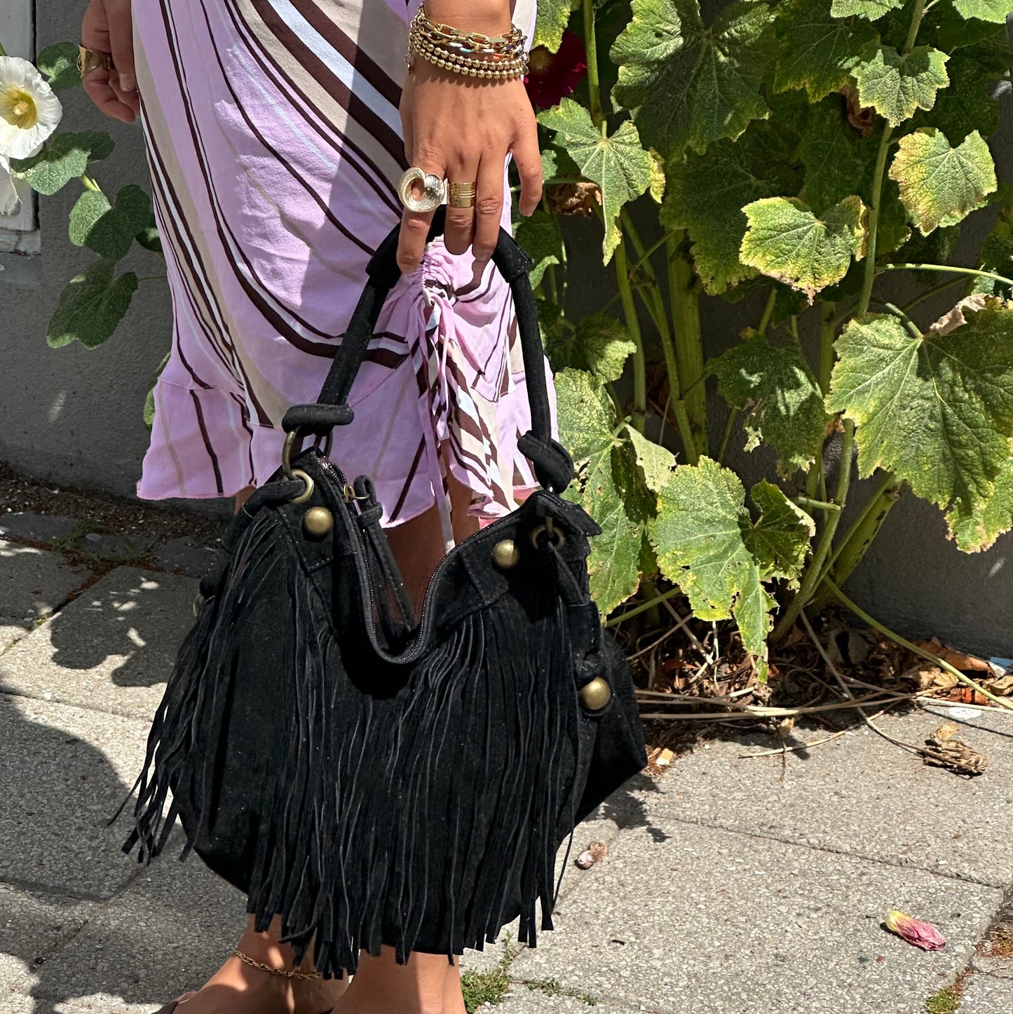 Black Suede Fringe Hobo Bag