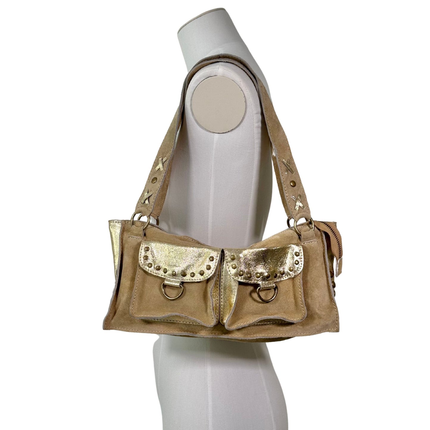 Boxy Gold Suede Shoulder Bag
