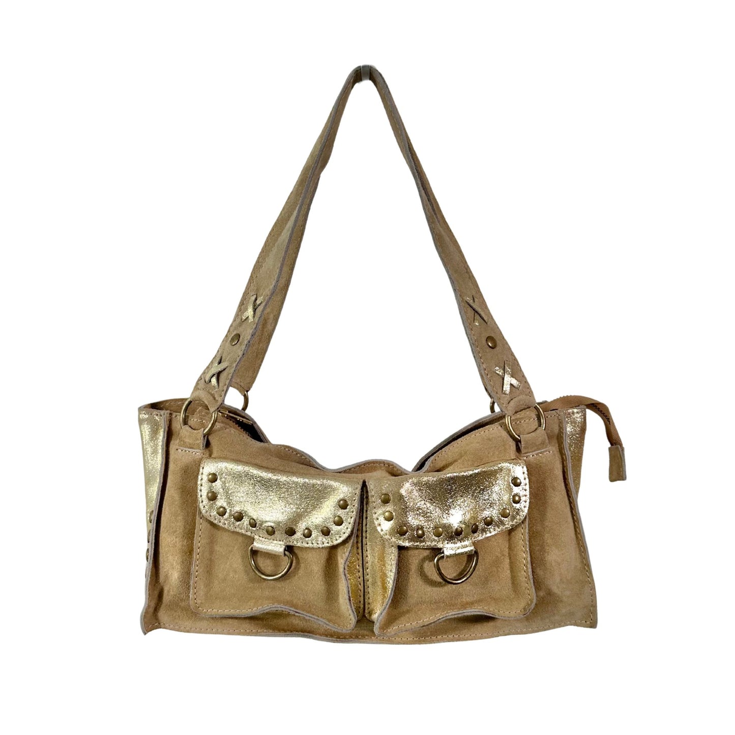 Boxy Gold Suede Shoulder Bag