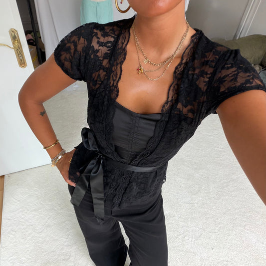 Black Lace Satin Tie Top