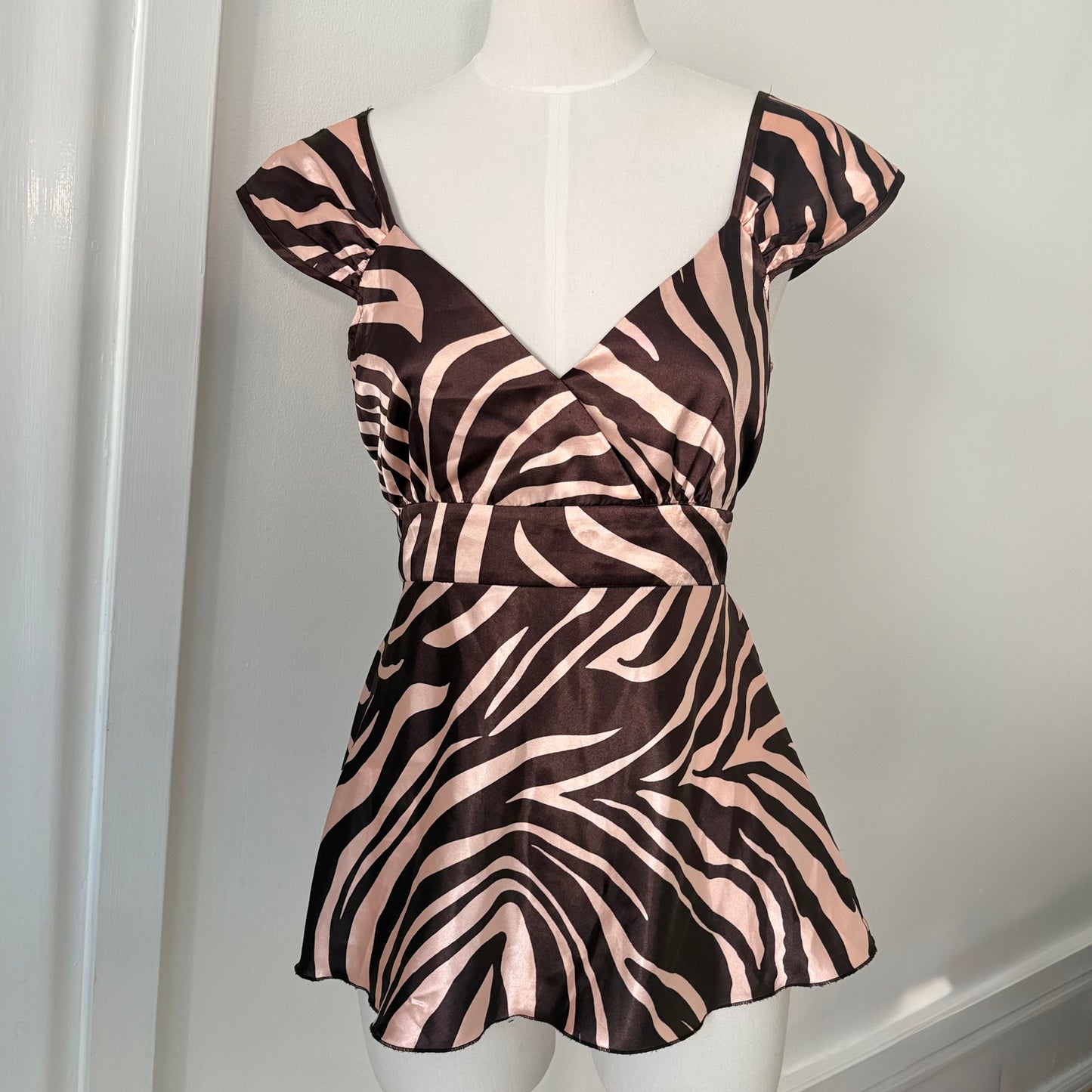 Zebra Print Wrap Peplum Top Pink Brown Size L