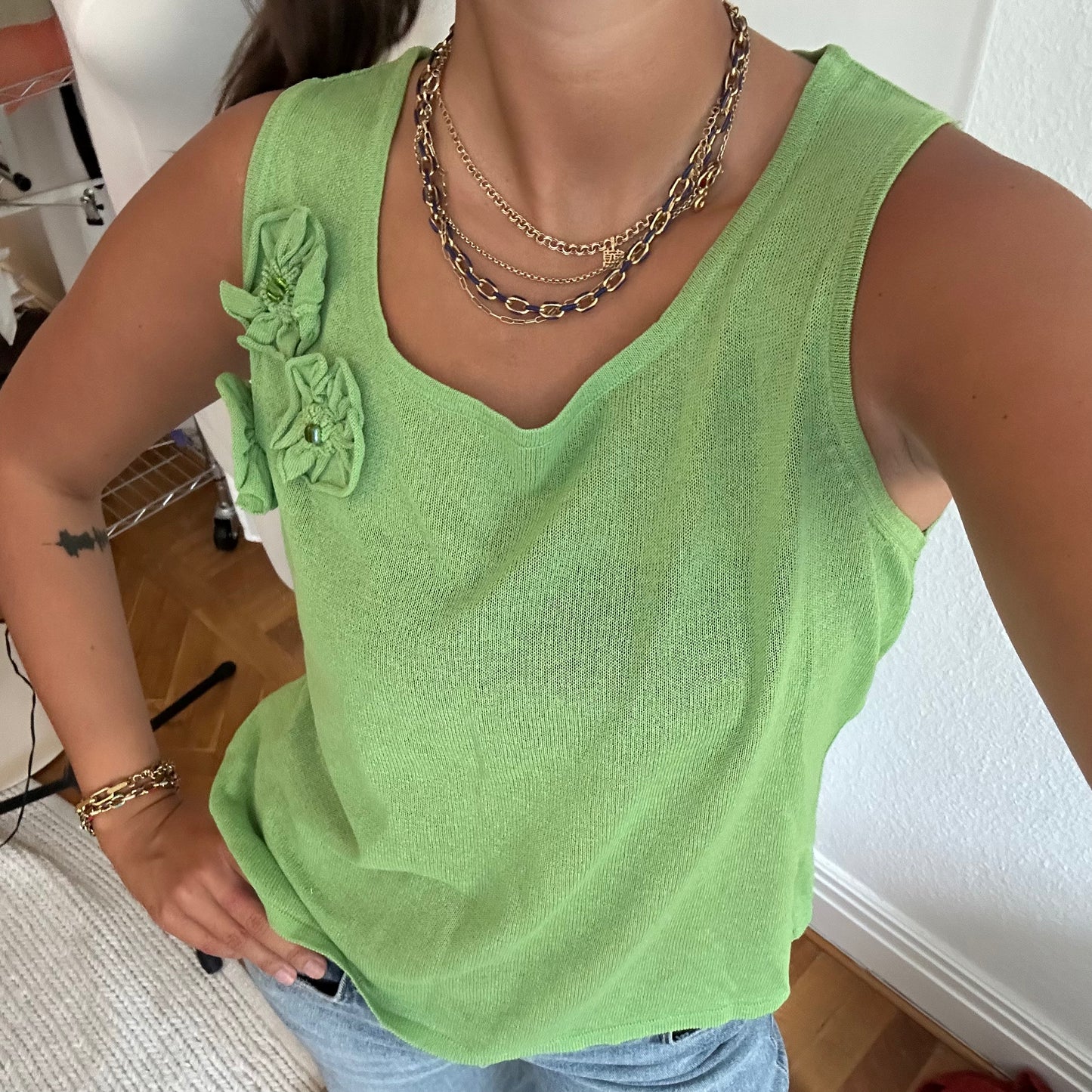 Green Flower Knit Top