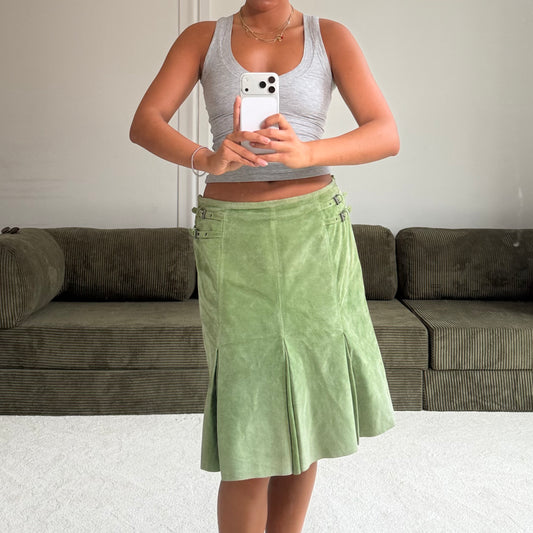 Green Suede Buckle Midi Skirt