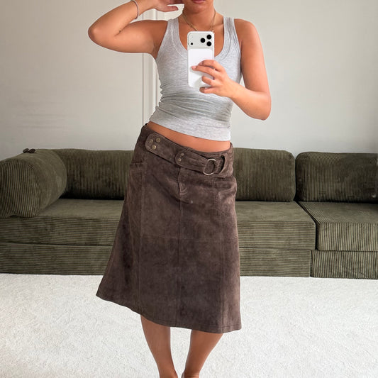 Suede Belt Detail Midi Skirt