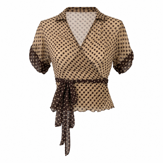 Brown Polka Dot Silk Wrap Tie Blouse Size 38