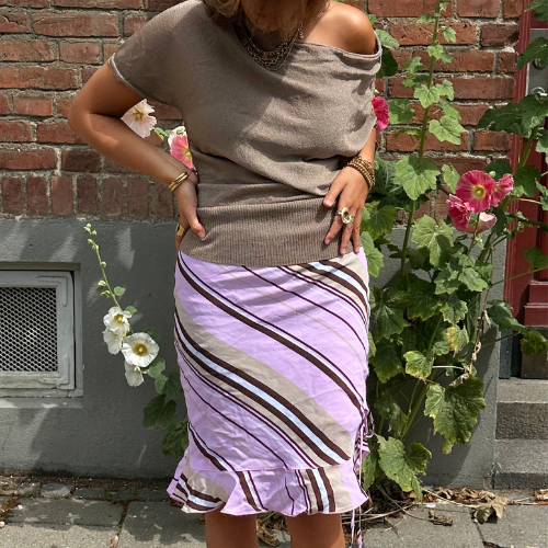 Pink/Brown Drawstring Midi Skirt