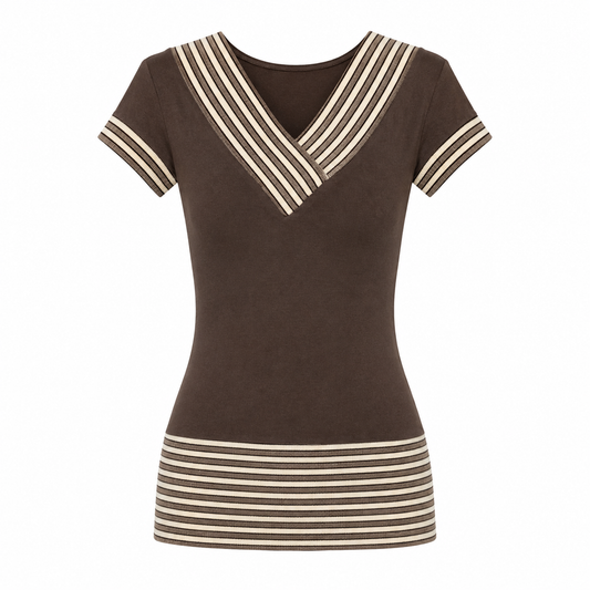 Made in Italy Brown Stripe V-Neck Top