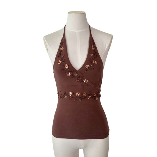 Brown Sequin Detail Halter Top