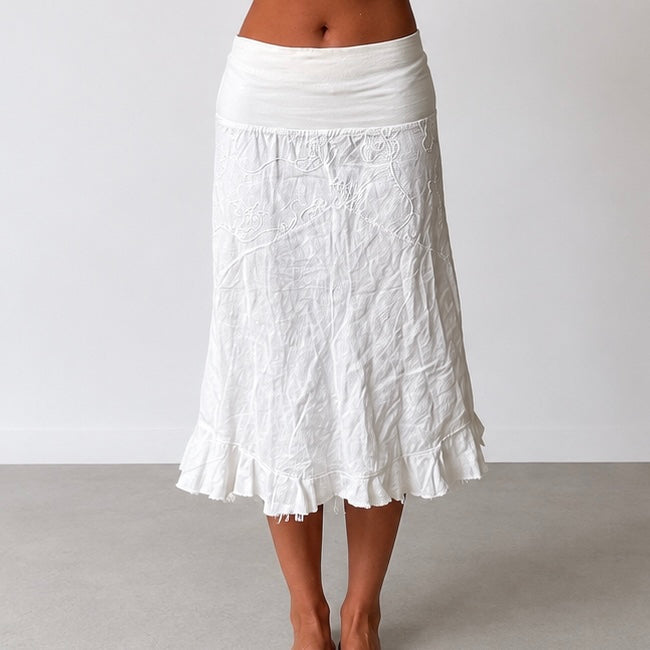 White Embroidered Linen Blend Midi Skirt
