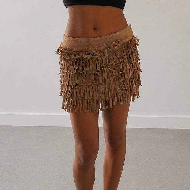 Suede Fringe Mini Skirt Tan Size 38
