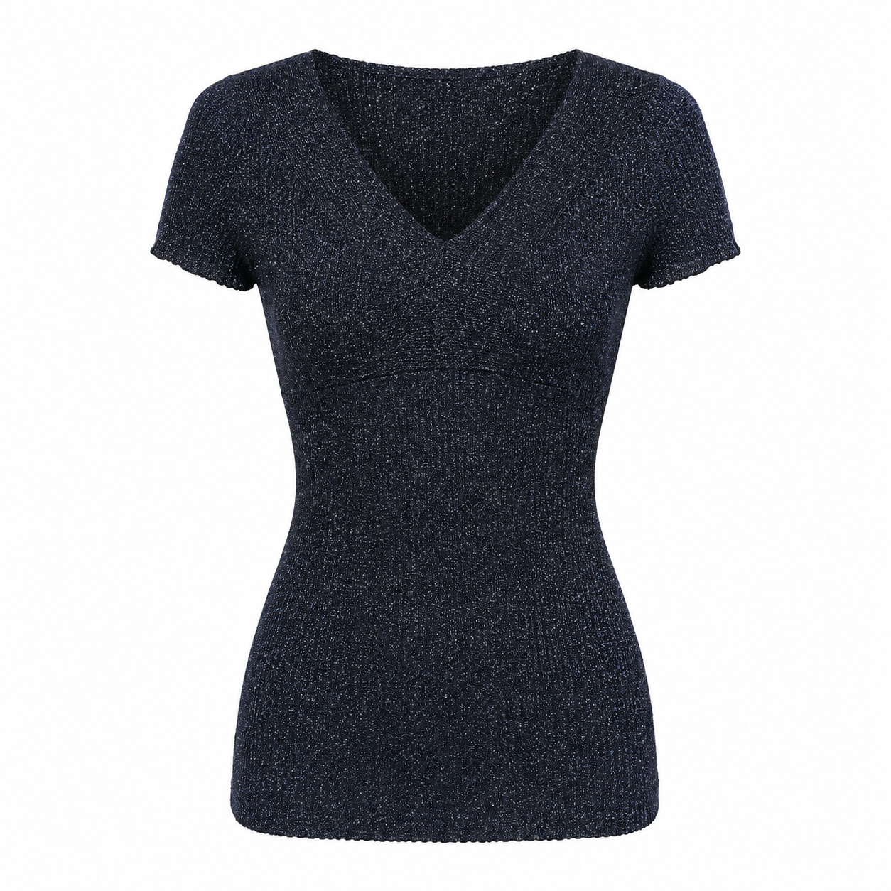 Navy Glitter Knit V-Neck Top Short Sleeve Metallic Size M