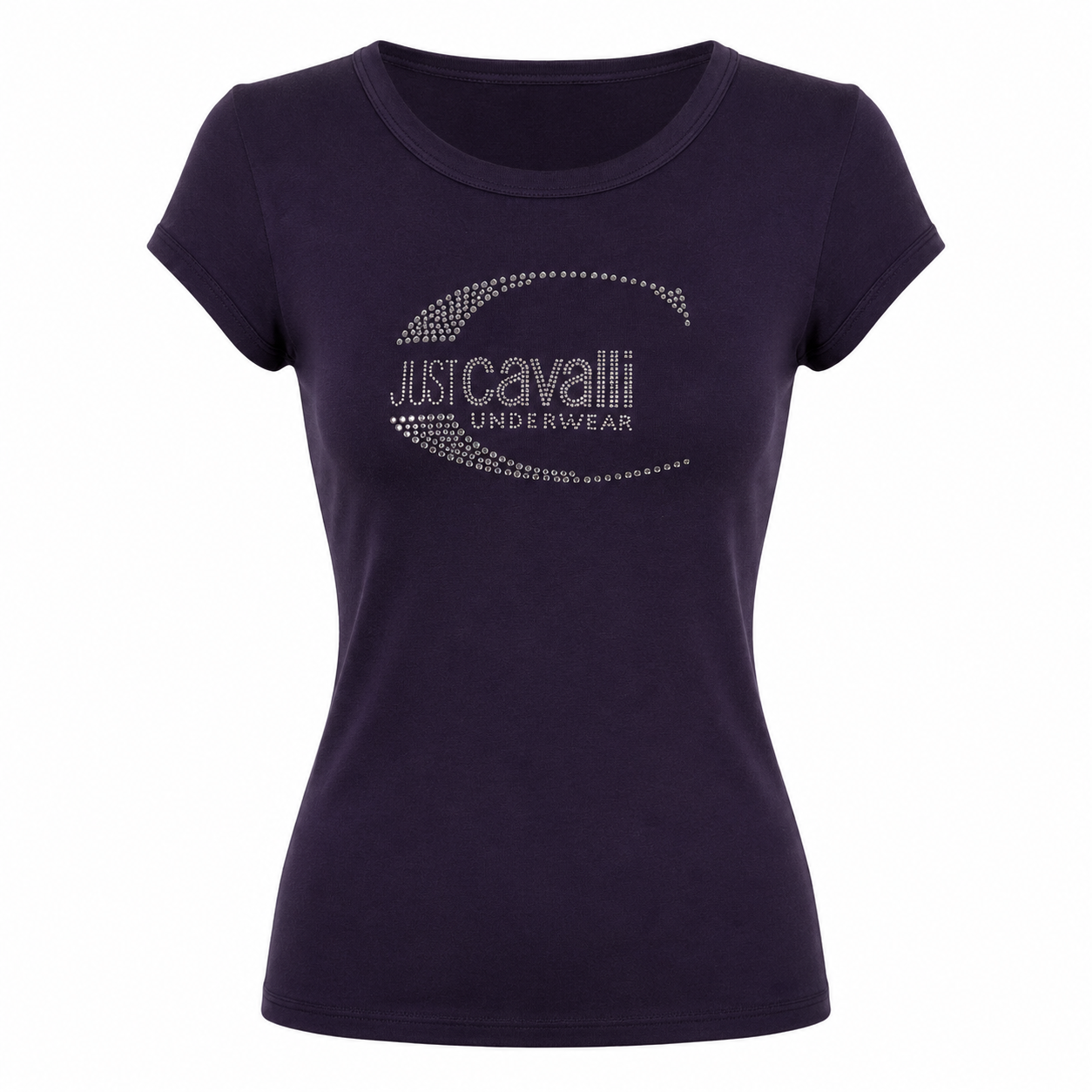 Purple Cavalli Logo T-Shirt Rhinestone Cotton Top Size M