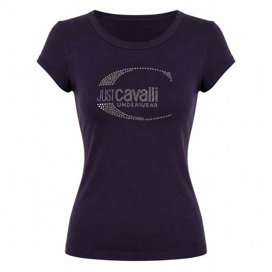 Purple Cavalli Logo T-Shirt Rhinestone Cotton Top Size M