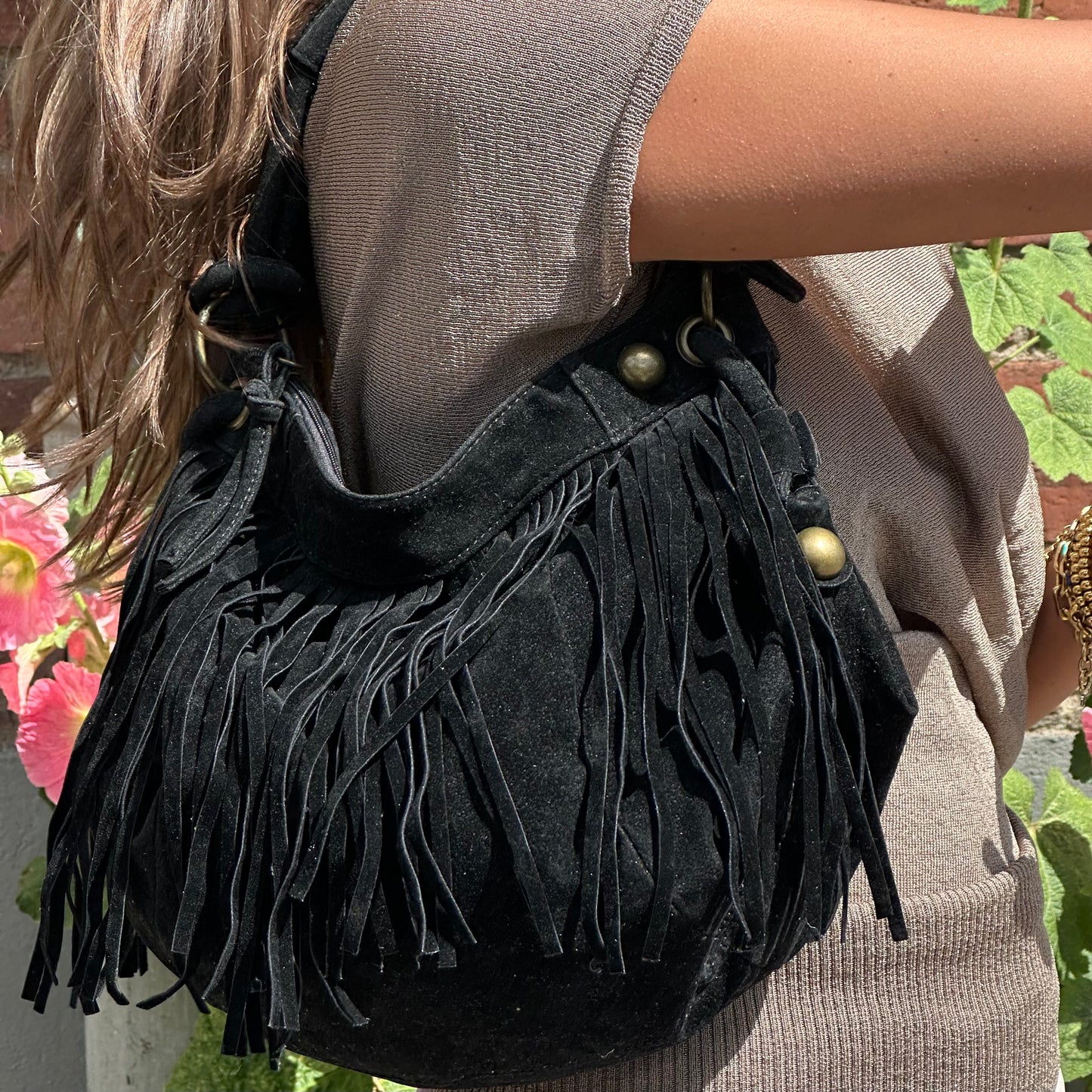 Black Suede Fringe Hobo Bag