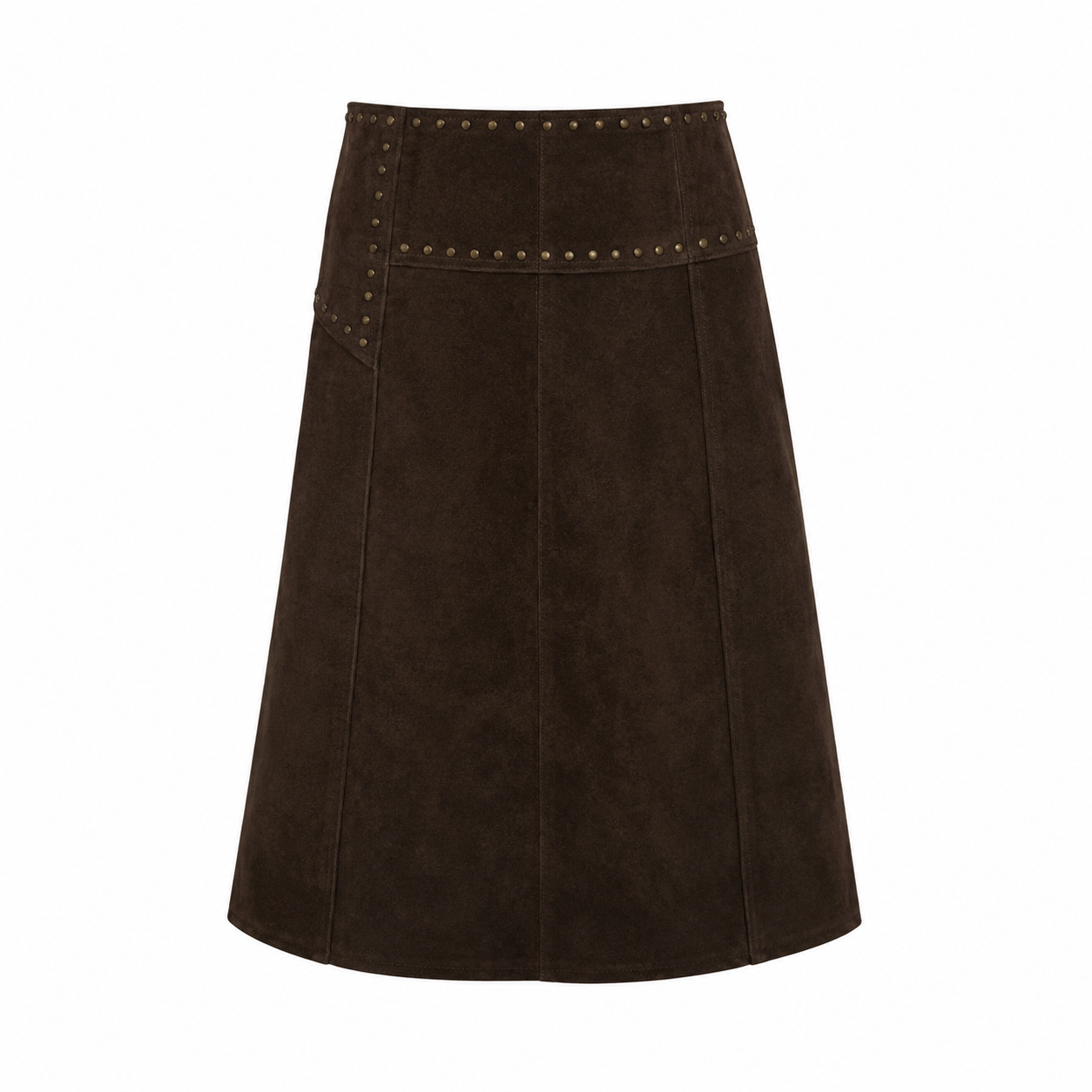 Brown Studded Suede Midi Skirt