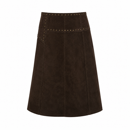 Brown Studded Suede Midi Skirt