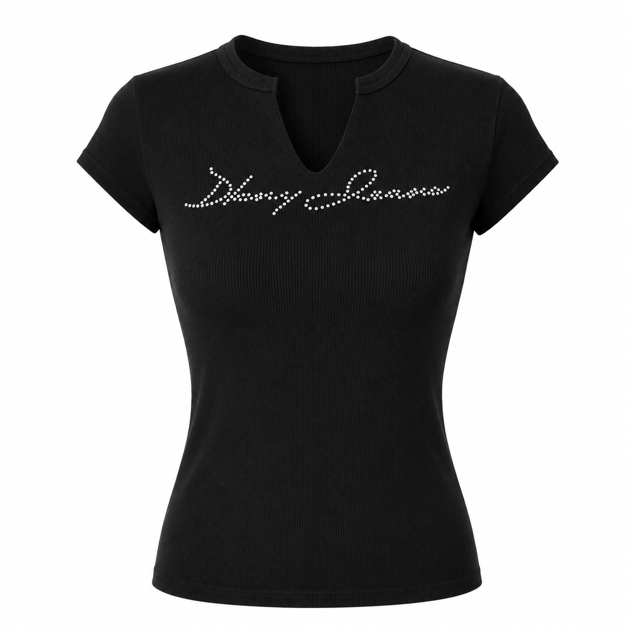 Black Ribbed Rhinestone Logo Tee Size S