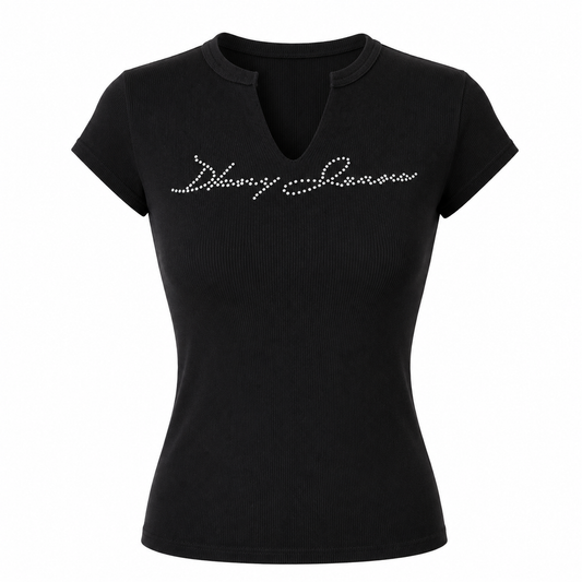 Black Ribbed Rhinestone Logo Tee Size S
