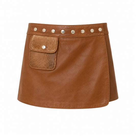 Leather Pony Hair Detail Wrap Skirt