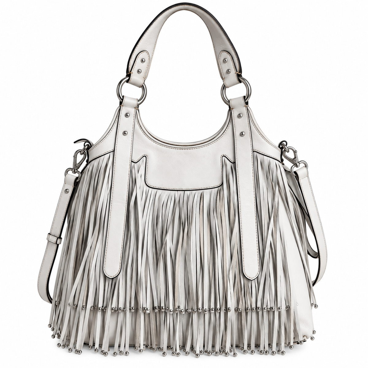 Karen Millen White Leather Fringe Bag – Studded Shoulder Bag