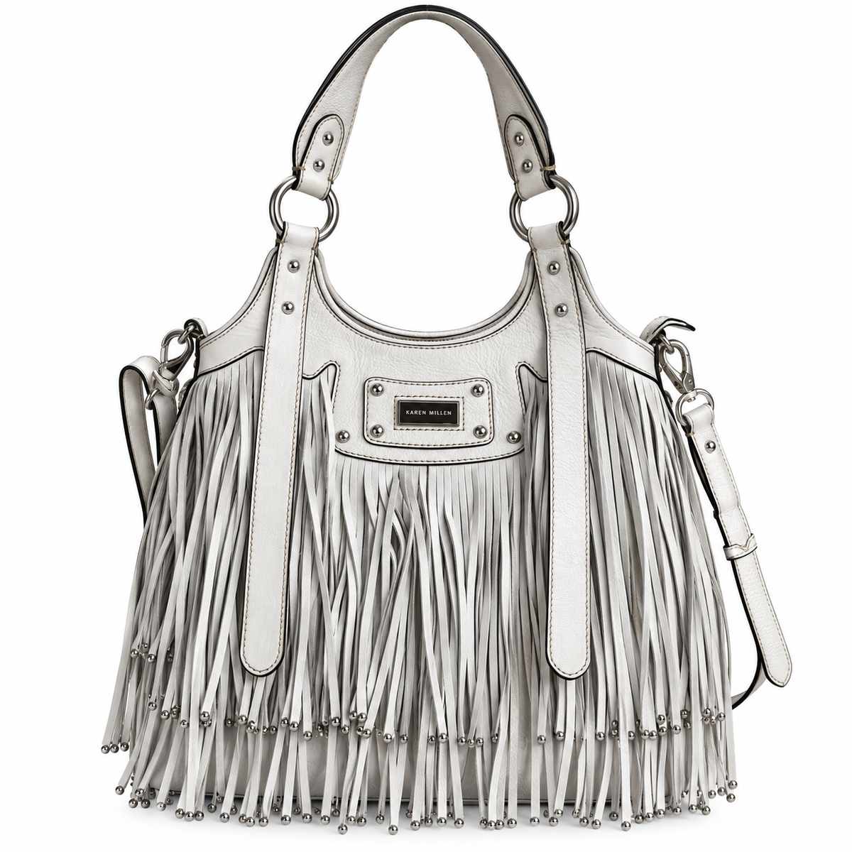 Karen Millen White Leather Fringe Bag – Studded Shoulder Bag