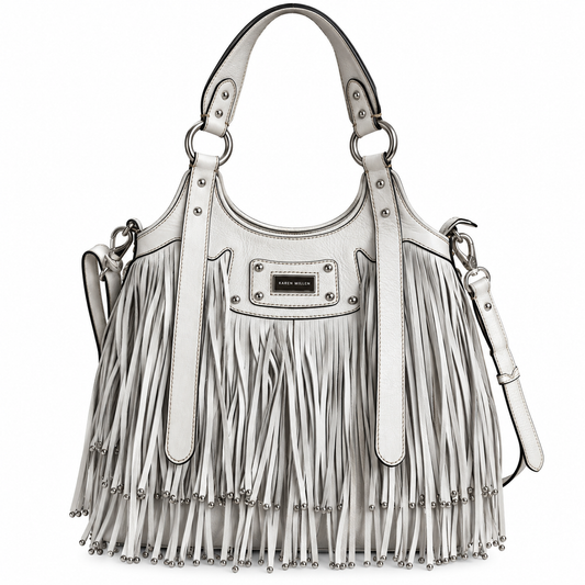 Karen Millen White Leather Fringe Bag – Studded Shoulder Bag