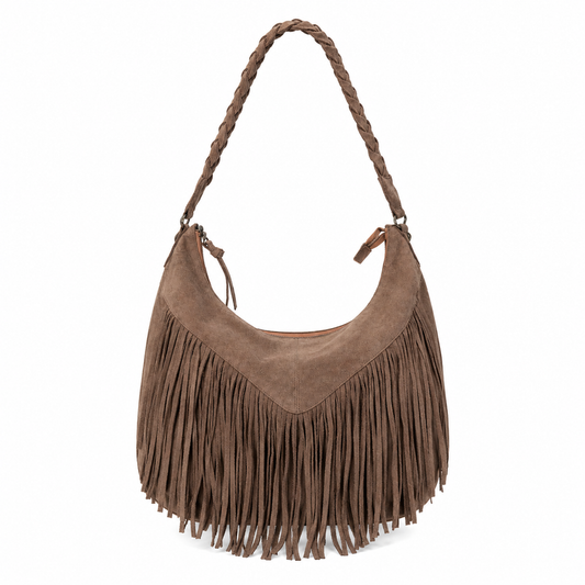 Cream Deluxe Taupe Suede Fringe Hobo Bag