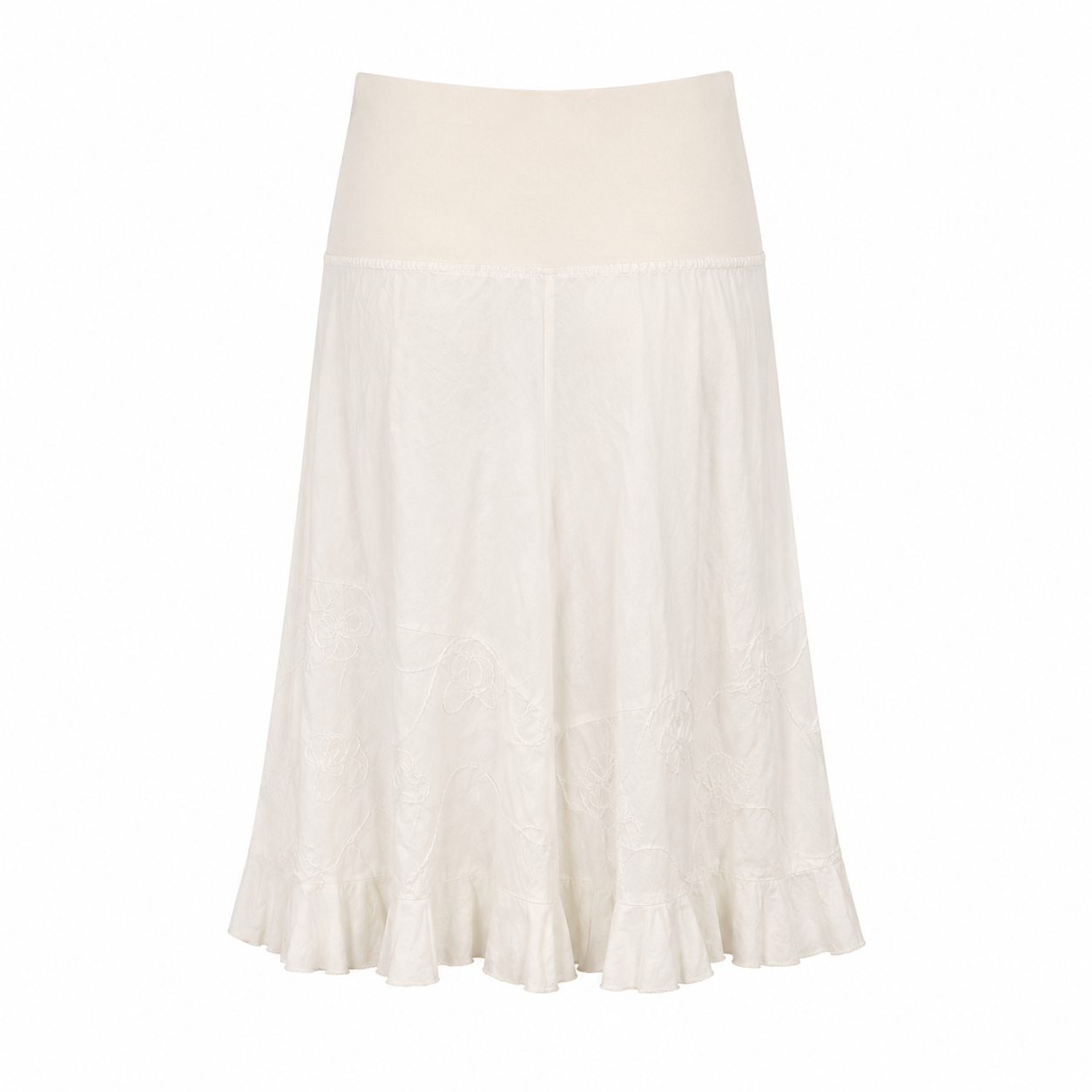 White Embroidered Linen Blend Midi Skirt