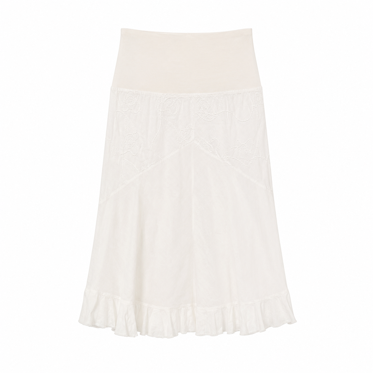 White Embroidered Linen Blend Midi Skirt