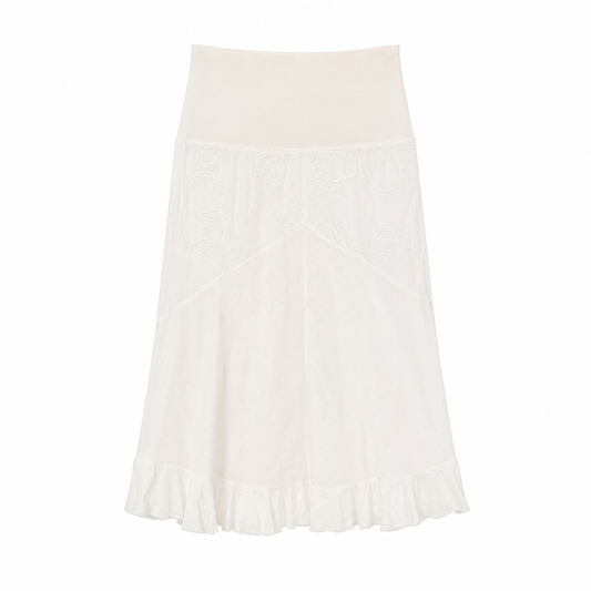 White Embroidered Linen Blend Midi Skirt