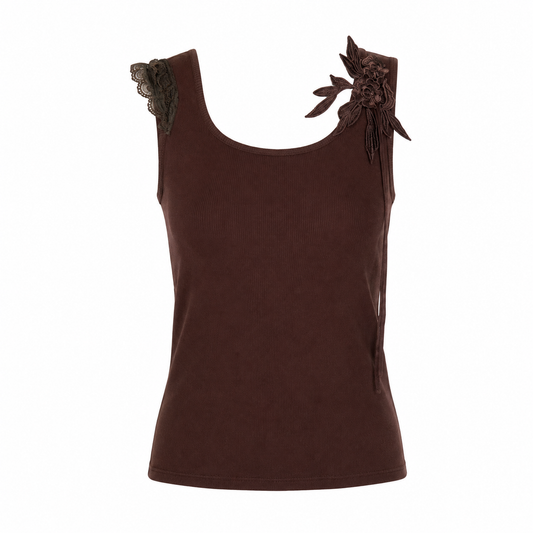 Brown Ribbed Floral Tank Top