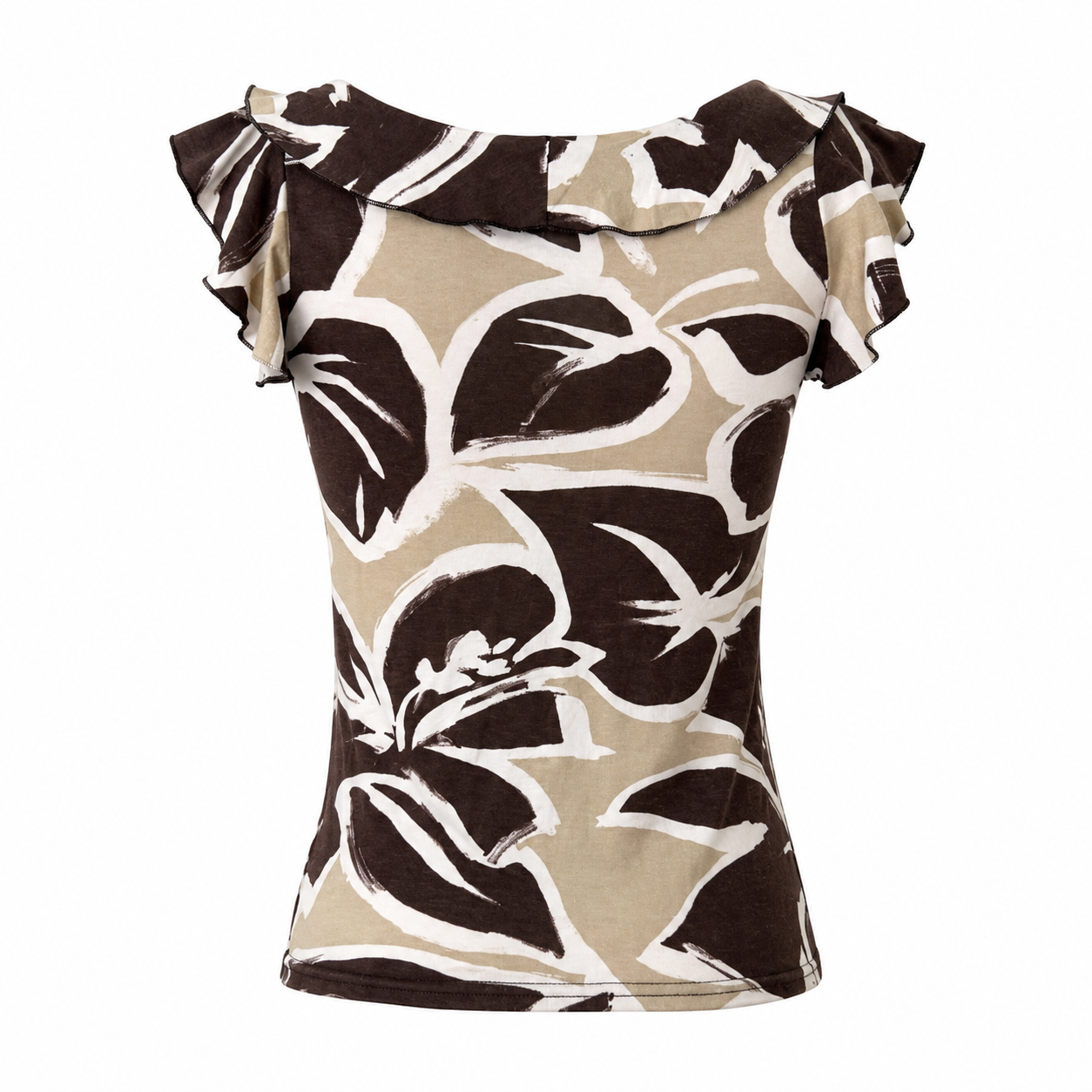 Beige Floral Ruffle Tie Neck Top Size S–M