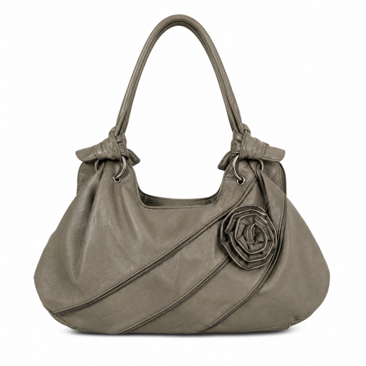 Grey Oversized Hobo Handbag with Floral Detail