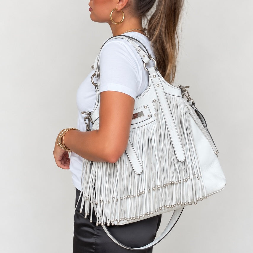 Karen Millen White Leather Fringe Bag – Studded Shoulder Bag