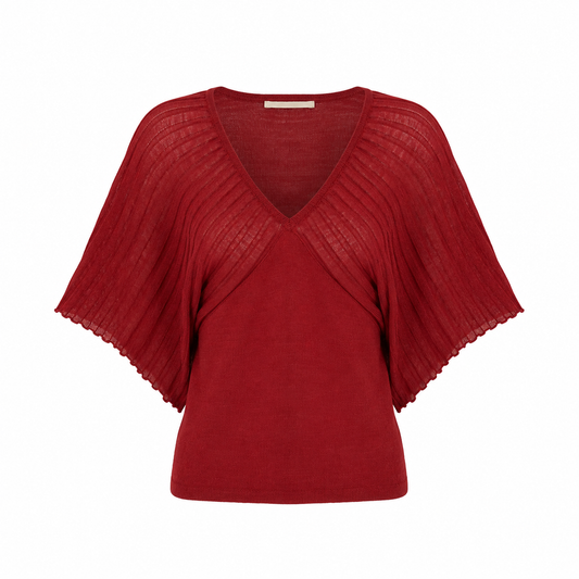 Burgundy Ribbed Knit V-Neck Batwing Top S–M