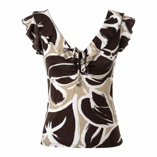 Beige Floral Ruffle Tie Neck Top Size S–M