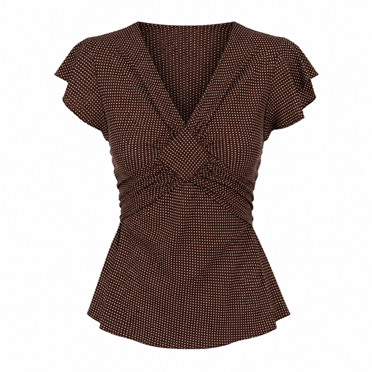 Stella Forest 100% Silk Brown Polka Dot Wrap Style Blouse