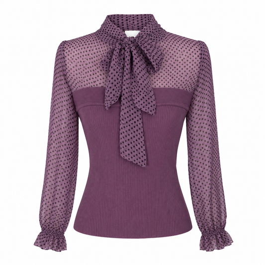 Purple Polka Dot Bow Knit Top
