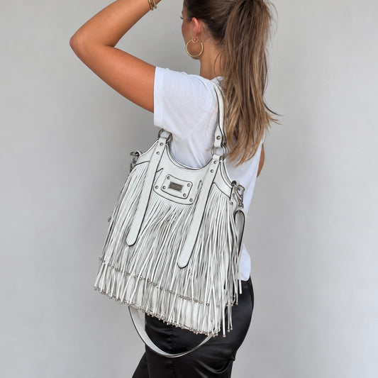 Karen Millen White Leather Fringe Bag – Studded Shoulder Bag