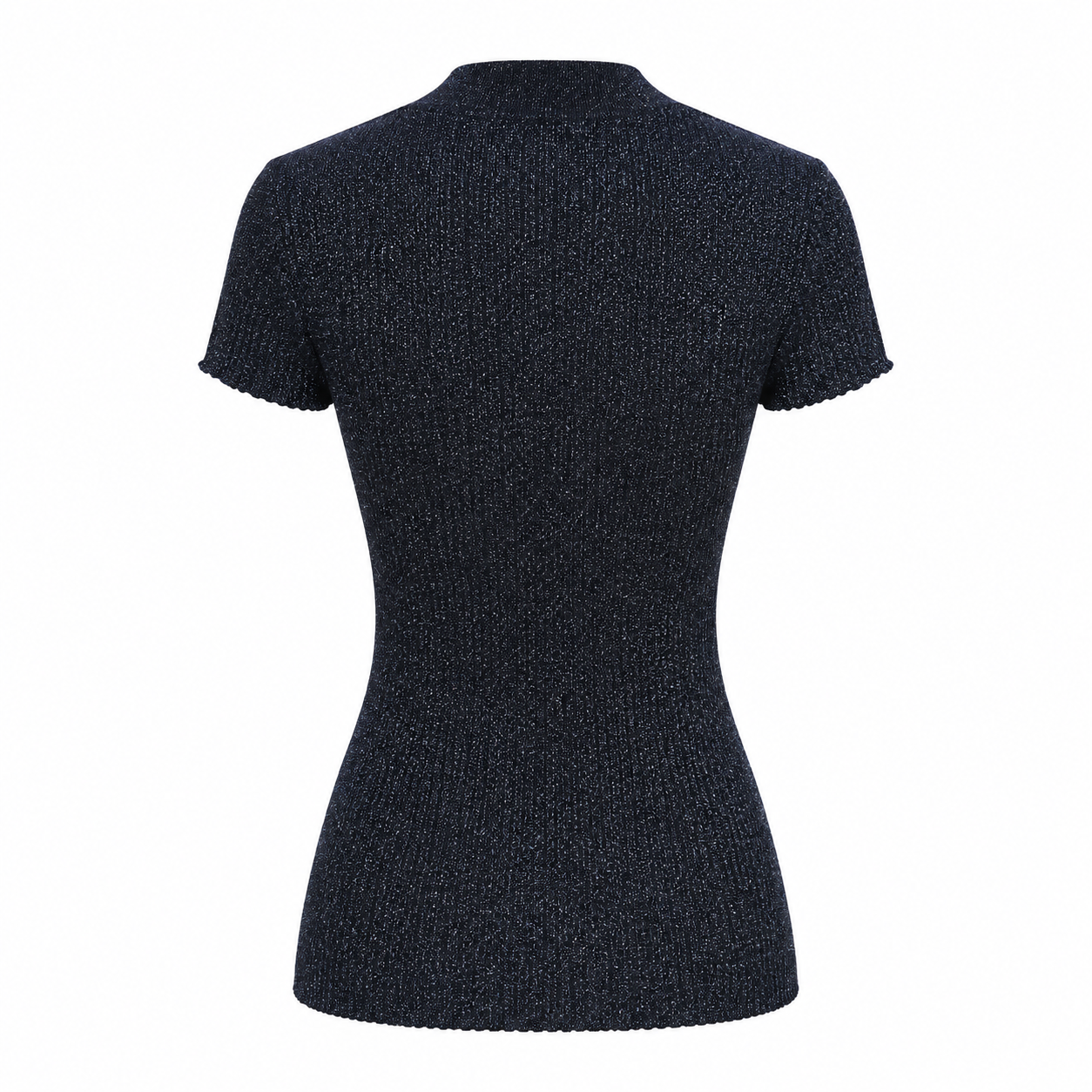 Navy Glitter Knit V-Neck Top Short Sleeve Metallic Size M