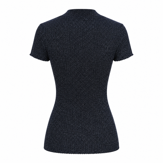 Navy Glitter Knit V-Neck Top Short Sleeve Metallic Size M