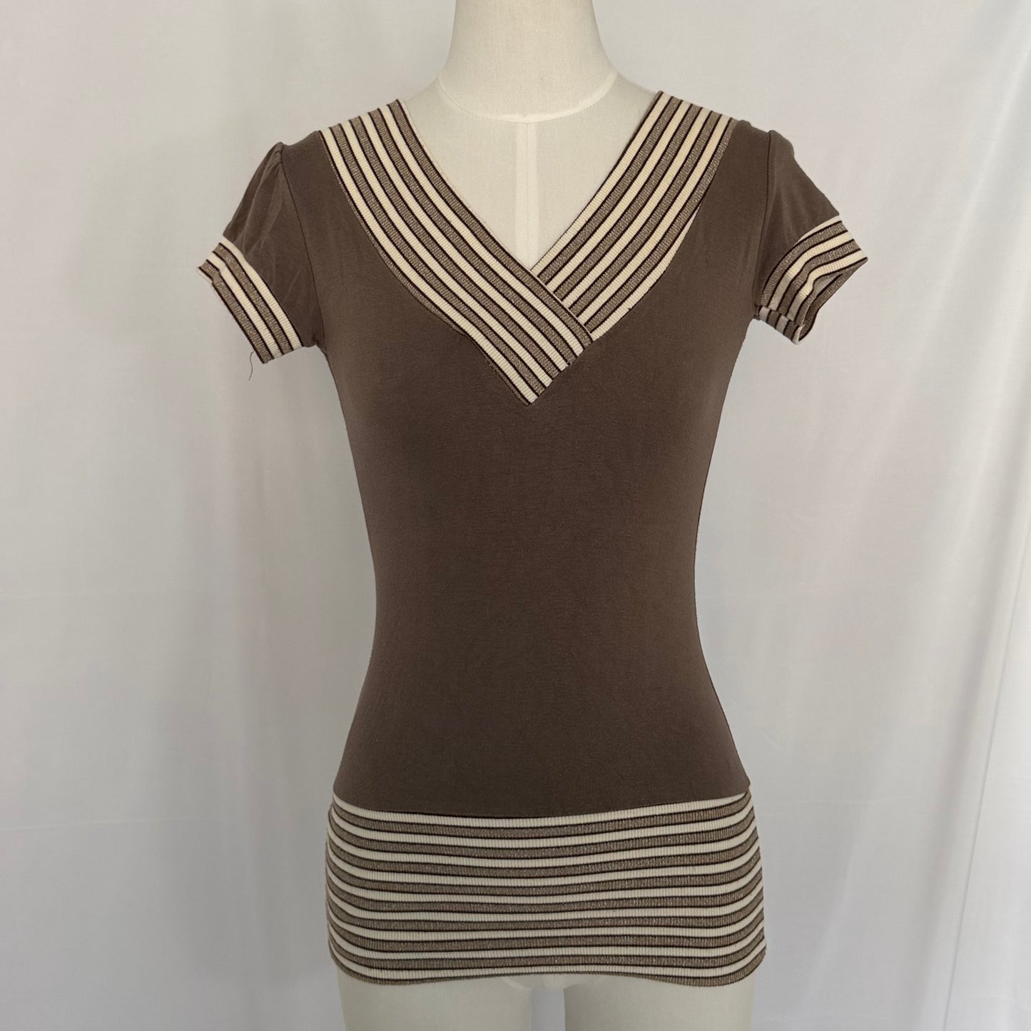 Made in Italy Brown Stripe V-Neck Top
