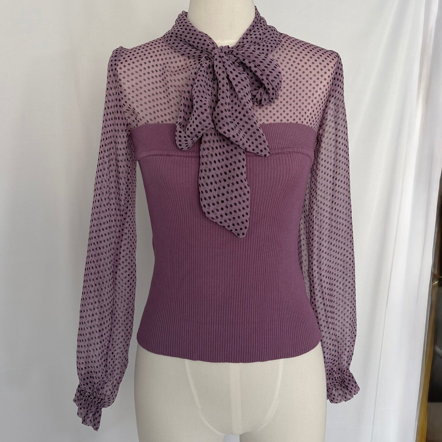 Purple Polka Dot Bow Knit Top