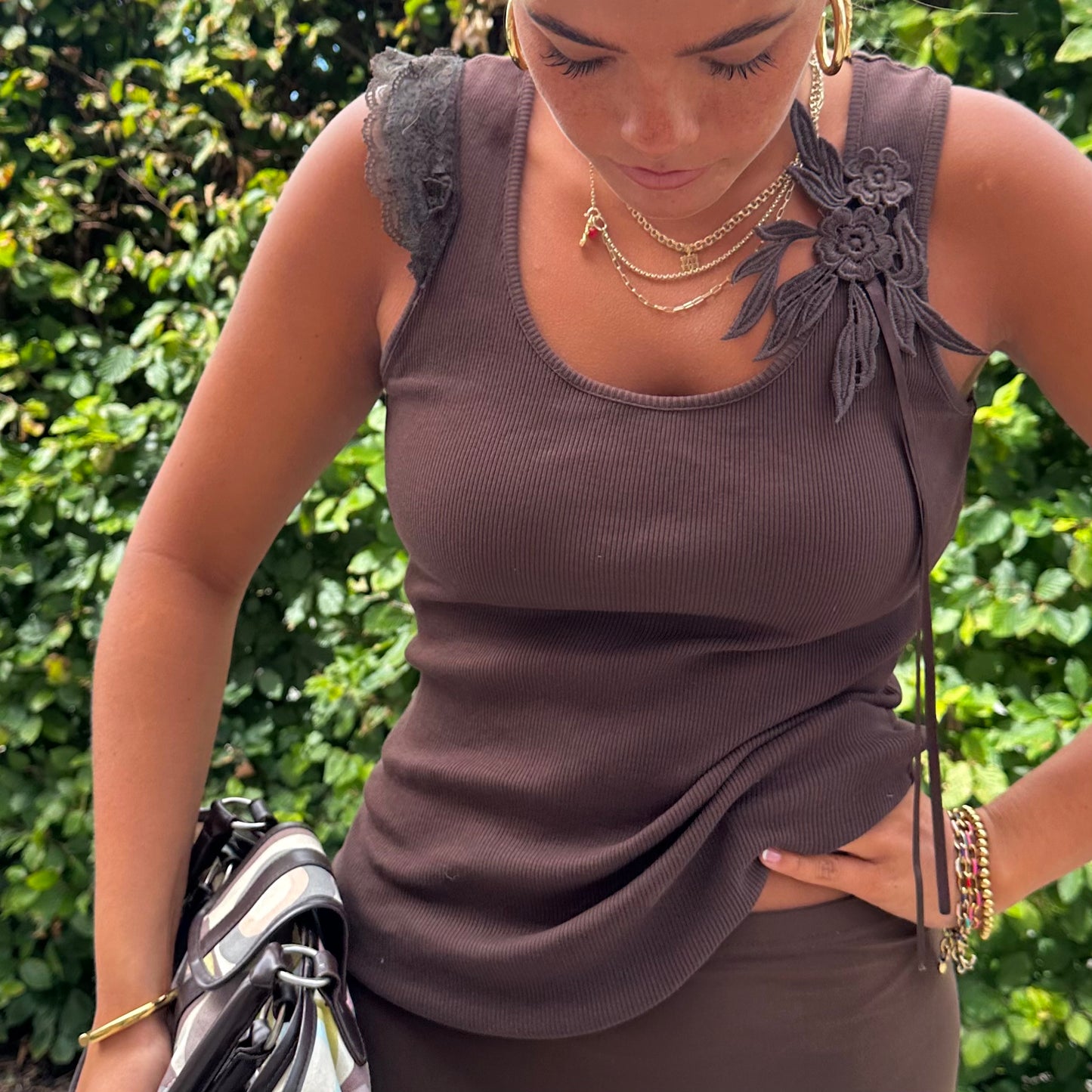 Brown Ribbed Floral Tank Top