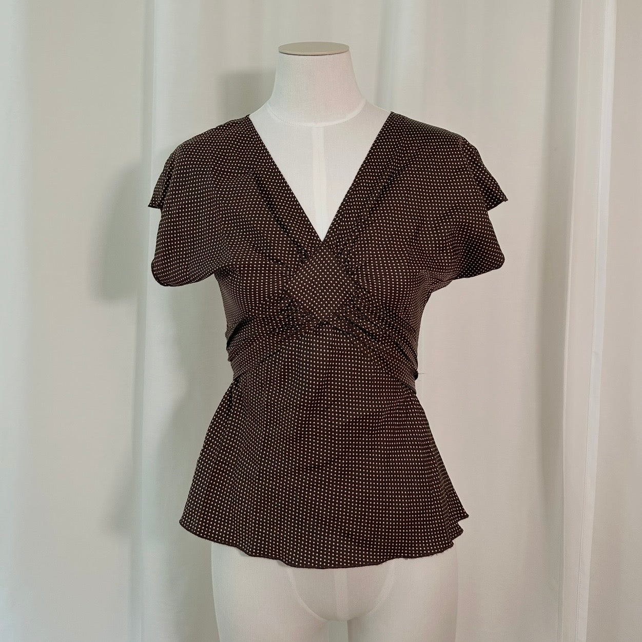 Stella Forest 100% Silk Brown Polka Dot Wrap Style Blouse