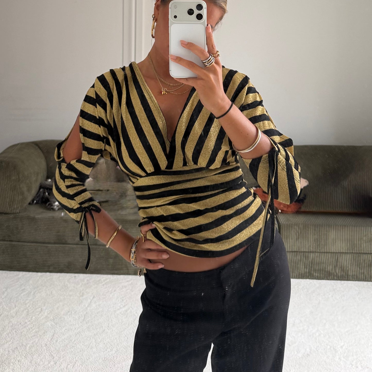 Interphore Gold Lurex Stripe V-Neck Top