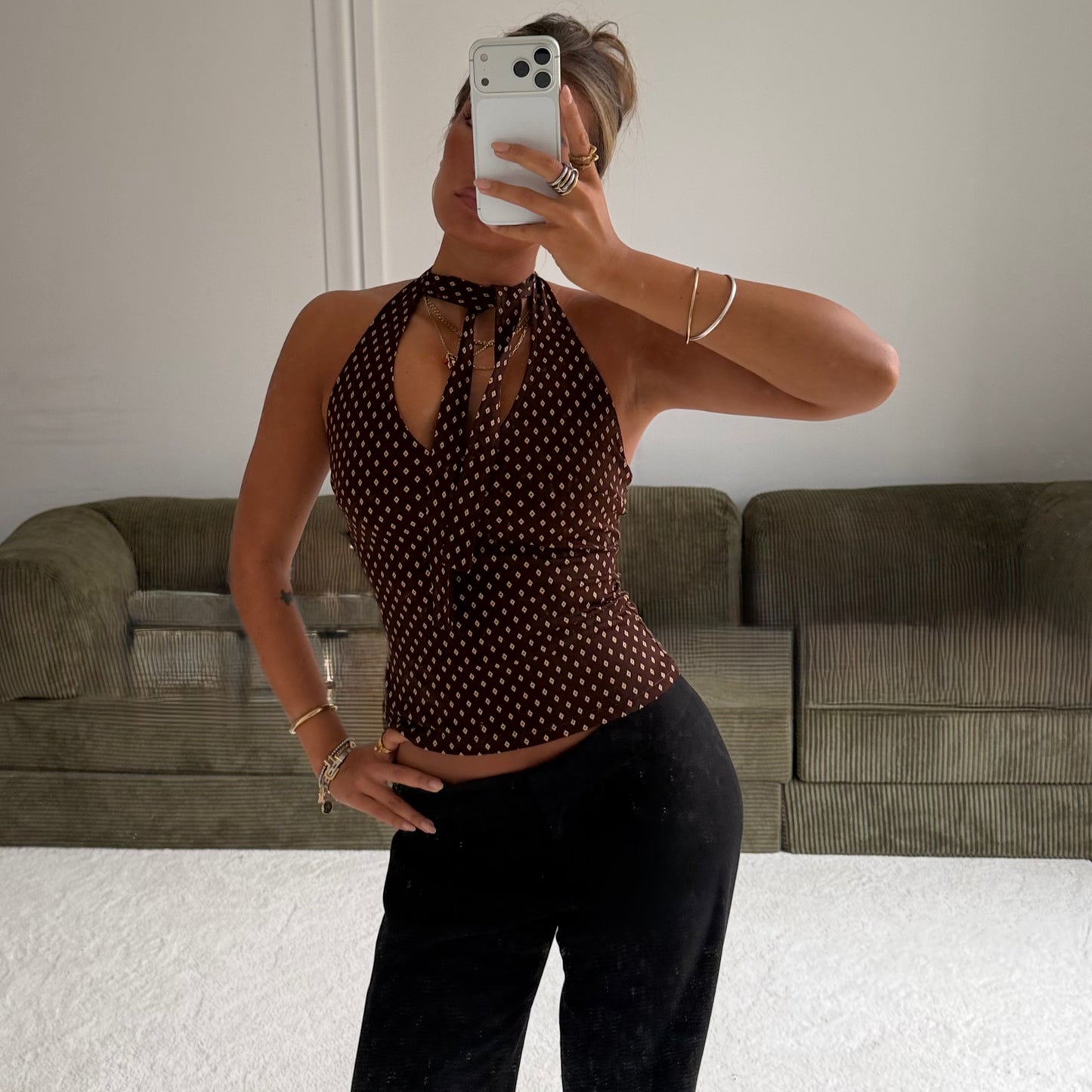 Blanco Brown Geometric Print Halter Neck Top
