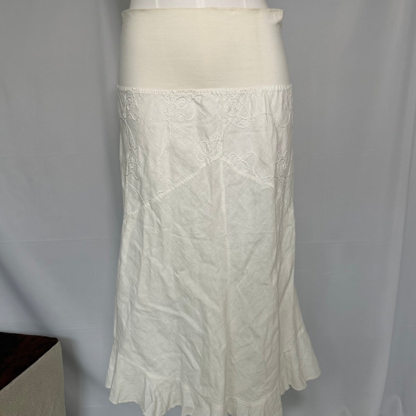 White Embroidered Linen Blend Midi Skirt